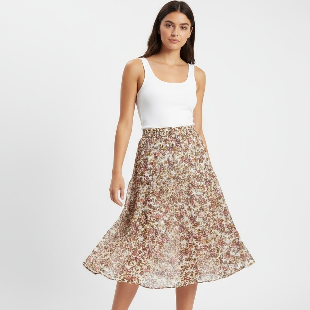 Old Navy Womens Size S White Floral Print Godet Pleated Midi Skirt Elastic Waist